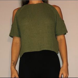 Open shoulder olive sweater shirt